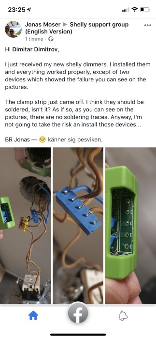 Öppnad Shelly dimmer med olödda terminaler som orsakat ett fel, och en lösgjord kabelklämma.