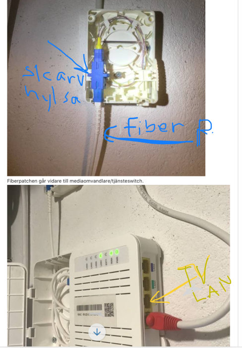 Övre bild på en öppen fiberdosa med ansluten fiberpatch. Nedre bild på en VLAN-switch med SFP-modul, lampor och ansluten grå kabel.