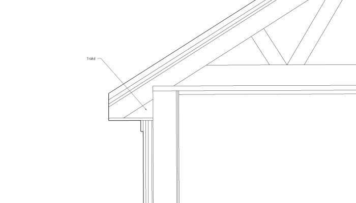 Ritning av takkonstruktion med utsticken, kilar och reglar för stöd under takutsprånget.