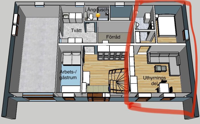 Planritning av ett hus med markerade rum som arbetsrum, tvätt, förråd och uthyrningsdel.