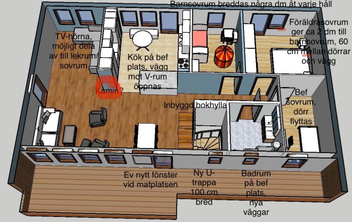 Skiss av planlösning för en bostad med markerade områden för kök, vardagsrum, kamin, sovrum och trappa.