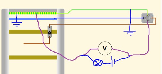 Schematisk bild av en elektrisk krets med ett batteri, en lampa, och en voltmeter ansluten.