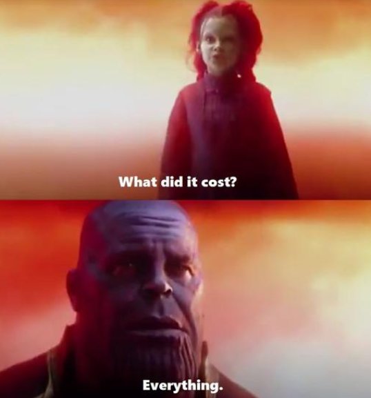 Två rutor från en film med karaktärer och textdialog som säger "What did it cost? Everything.