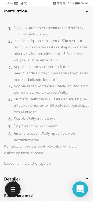 En skärmbild av en elektrisk installationsguide för Watty med steg-för-steg instruktioner och en nedladdningslänk.