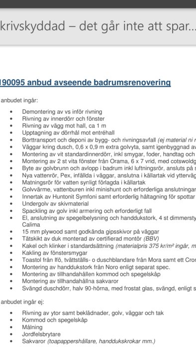 Skärmdump av en offert för badrumsrenovering med en lista på arbetsuppgifter och materialkostnader, inklusive kakelsättning.