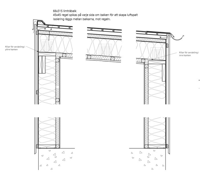 Ritningar som visar olika sektioner av takkonstruktion med lutning, isolering och luftspalt detaljer.