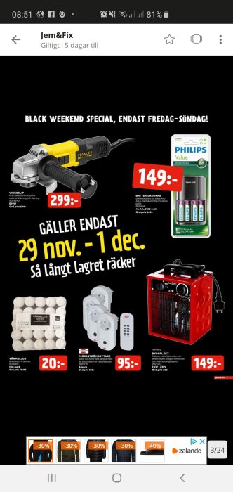 Reklamblad för Black Friday med erbjudanden på verktyg och hushållsprodukter hos Jem & Fix.