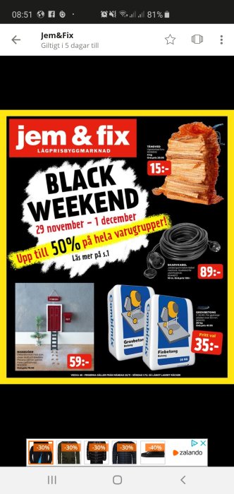 Reklamblad för Jem & Fix Black Friday-rea, visar produkter och erbjudanden som takpannor och elartiklar.