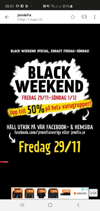 Reklamblad för Jem & Fix Black Weekend med upp till 50% rabatt mellan fredag 29/11 och söndag 1/12.