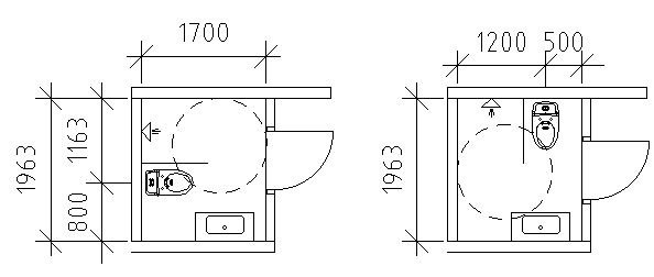 Två ritade badrumsplanlösningar med måttangivelser och rullstolsutrymme.