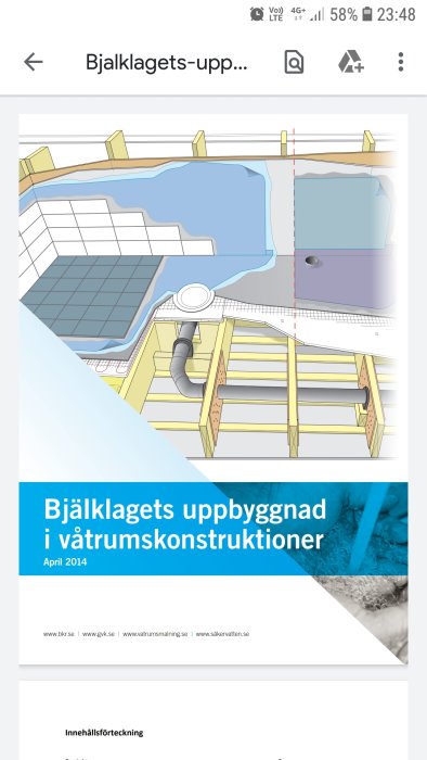 Skärmbild av dokumentet "Bjälklagets uppbyggnad i våtrumskonstruktioner" från april 2014, med diagram av våtrum och bjälklag.