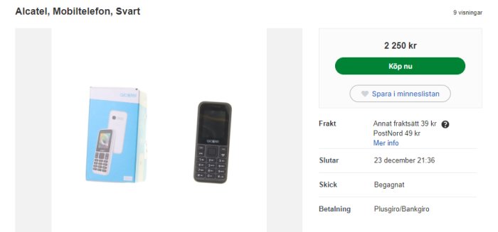 Svart Alcatel mobiltelefon med förpackning, informationsruta med pris och köpknapp.