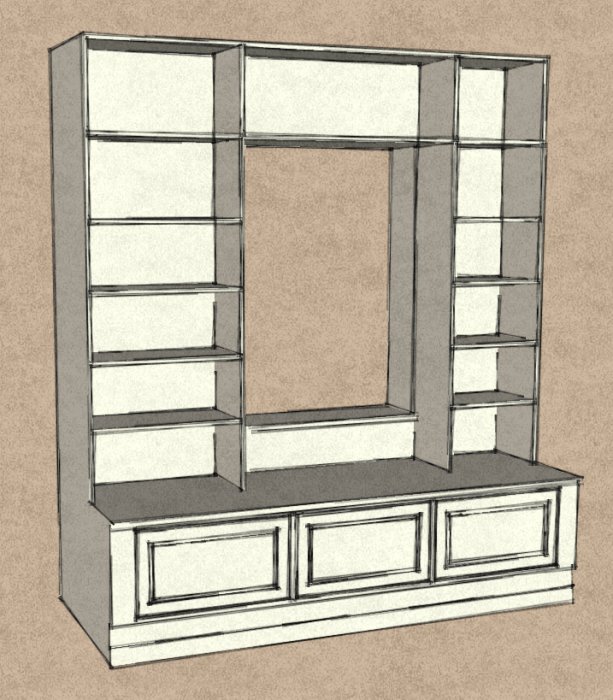 Skiss av en platsbyggd bänk och bokhylla som sträcker sig mot tak och väggar.