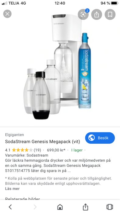 SodaStream Genesis kolsyremaskin med två flaskor och en CO2-cylinder.