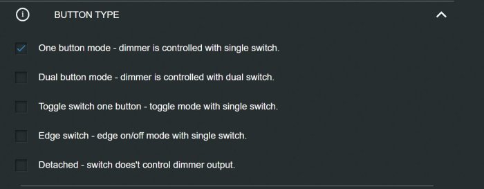 Skärmdump av användargränssnitt för dimmerinställning med 'One button mode' markerat.