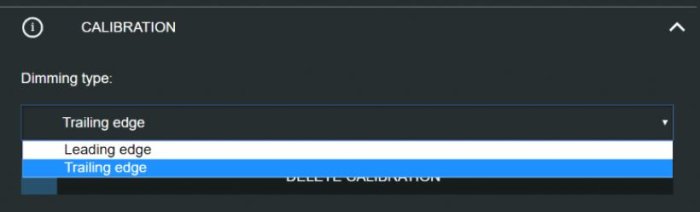 Skärmdump av gränssnitt för kalibrering av dimmer, med alternativen "Leading edge" och "Trailing edge" valt.