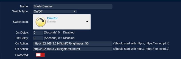 Gränssnitt för Shelly Dimmer i Domoticz med inställningar och actions för att styra ljusstyrkan via URL.