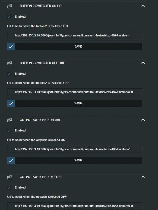 Skärmdump av gränssnitt med URL-konfigurationer för att styra belysning via knapptryckningar.