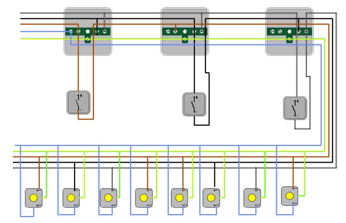 Elektrisk kopplingsschema som visar en serie ljusarmaturer styrd av flera strömbrytare med 5-ledarkabel.