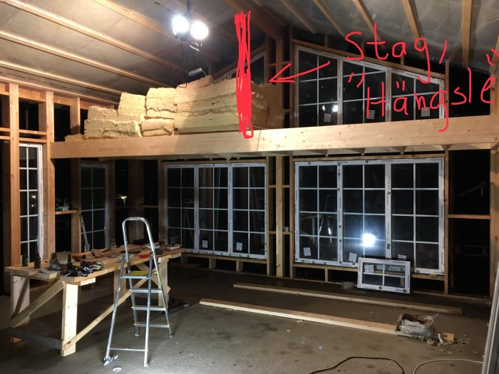 Byggeprosjekt med loft under oppføring, viser en trelimtrebjelke i taket, stabel av isolasjon, arbeidsbord med verktøy og stige foran vinduer.