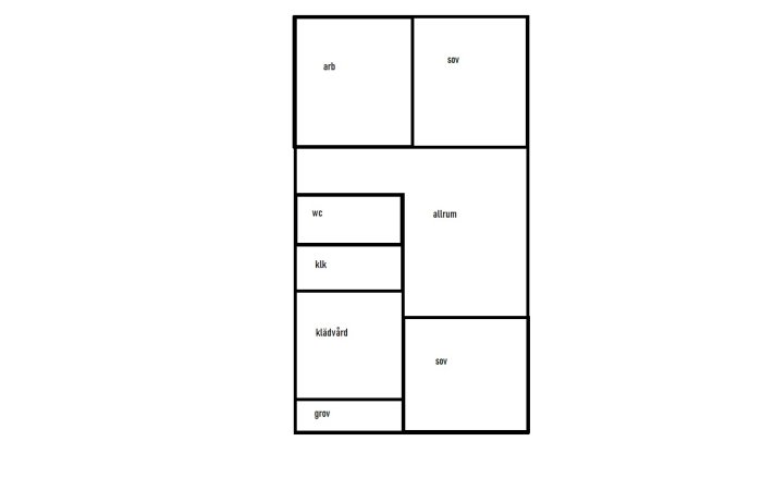 Schematisk ritning av husplan med markerade utrymmen för kök, hall, allrum, sovrum, klädkammare, och groventré.