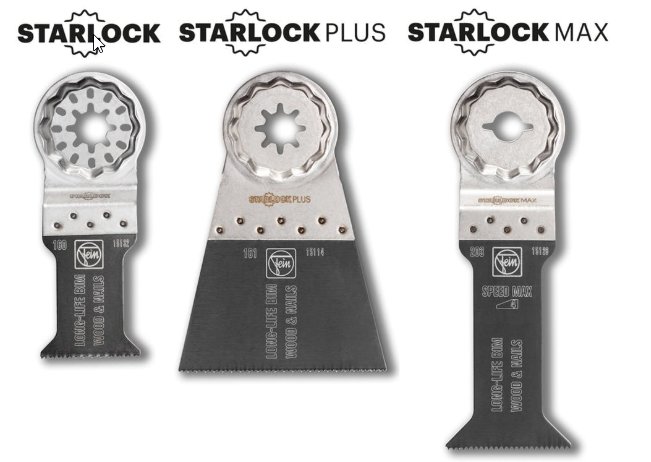 Tre olika multimaskinblad märkta Starlock, Starlock Plus och Starlock Max för verktygsfästen.