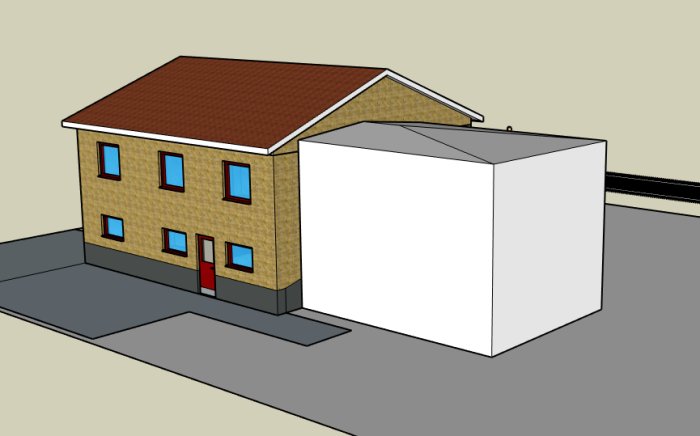 Sketchup-modell av ett hus med valmat tak och lutning, sett från ett högre perspektiv.