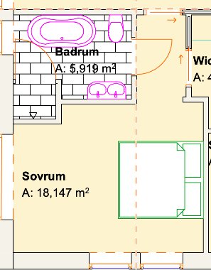 Ritning av en planlösning visar ett sovrum och ett intilliggande badrum med en "korridor"-liknande passage.