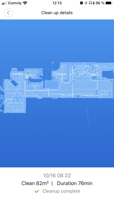 Skärmdump av en städrobotapp som visar en fullständig karta över en rengjord yta på 82 kvadratmeter.