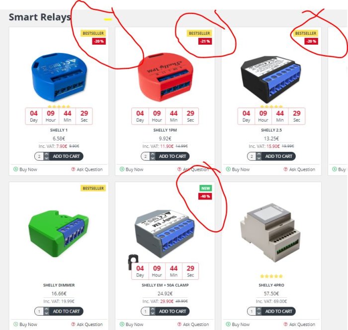 Kampanj för Shelly smarta reläer med nedräkningsklocka och rabatter, inklusive en ny produkt markerad som ny och bästsäljare.