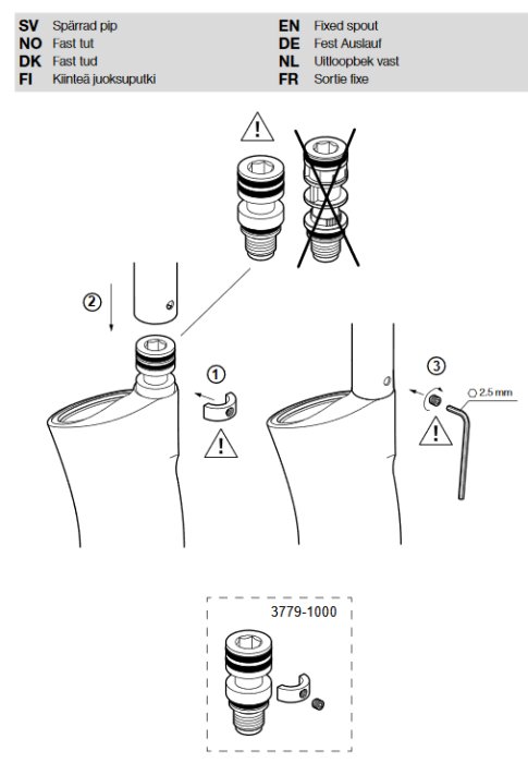 Illustration av montering för en fast tappning med olika komponenter och steg, inklusive varningsmärken och mått.