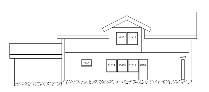 Arkitektonisk ritning av en husfasad med måttmarkerade fönster och utskjutande tak över entrén.