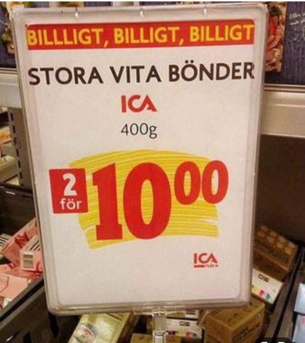 Reklamskylt för 'STORA VITA BÖNDER' från ICA med erbjudandet '2 för 10,00'.