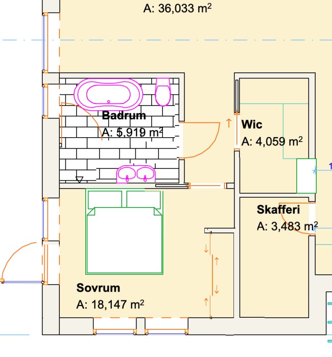 Ritning över en planlösning som visar ett sovrum angränsande till ett badrum med badkar, dusch och dubbla tvättställ.