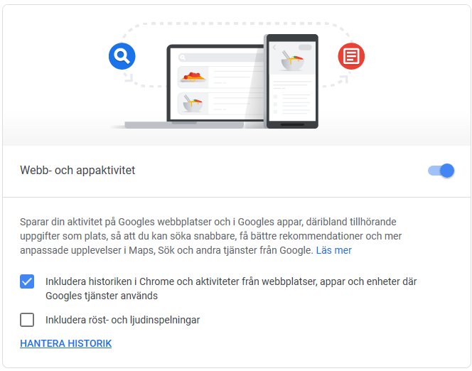 Skärmdump av Googles aktivitetsinställningar med alternativ för webb- och appaktivitet markerat.