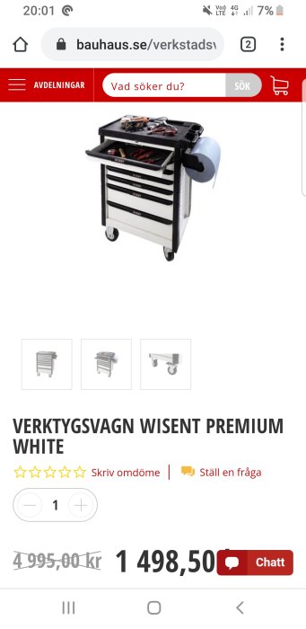 Verktygsvagn WISENT PREMIUM White med öppna lådor och verktyg, på en e-handelssida.