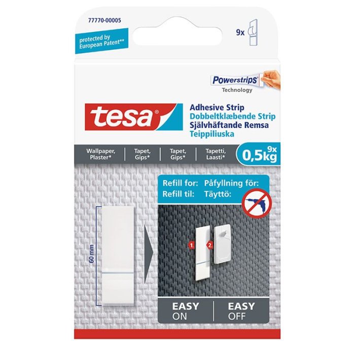 Förpackning av Tesa Powerstrips klisterremsor, kan bära upp till 0,5 kg, med anvisningar för enkel påsättning och borttagning.