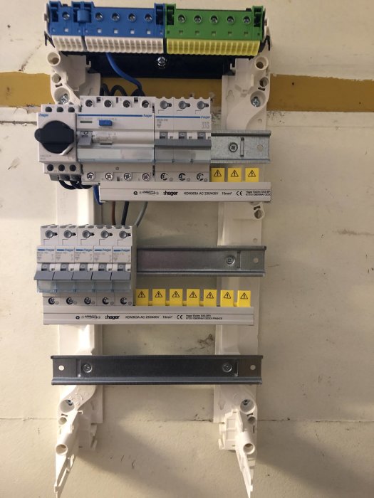 Elcentral med säkringar och automater monterade vertikalt på vägg.