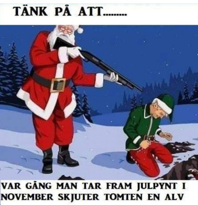 Illustration av jultomten med gevär bakom en ovetande älva i snöigt landskap och text om julpynt i november.