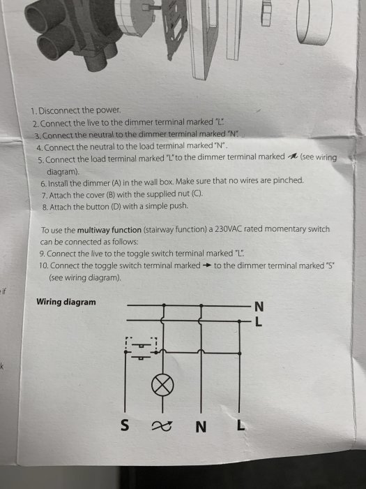 Instruktionsblad för installation av Heatit z-dim dimmer med text och kopplingsschema.