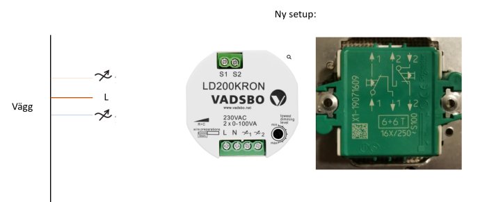 Bild som visar en VADSBO LD200KRON dubbeldimmer bredvid en schematisk illustration av kablar från en vägg.