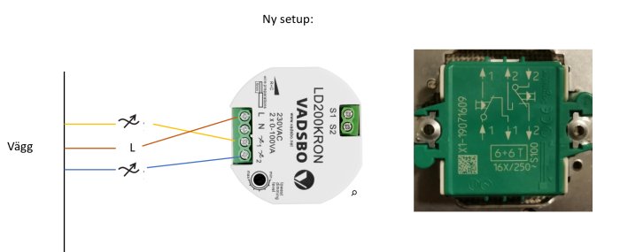 Skiss av elinstallation med en VADSBO LD200KRON dubbeldimmer och kopplingsschema för byte från gammal dimmer.