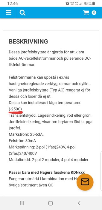 Skärmbild av produktbeskrivning för Hagers jordfelsbrytare anpassad för låga temperaturer, -25°C.