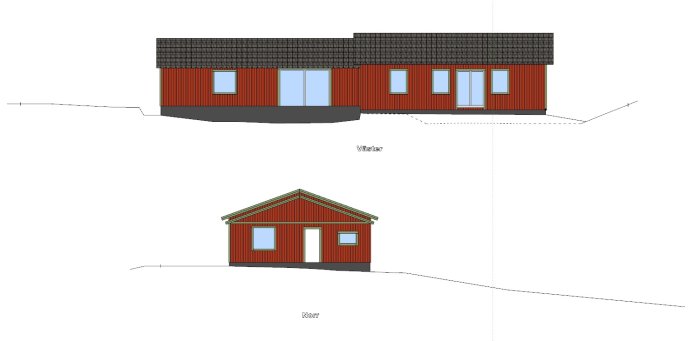 Arkitektritning av en husutbyggnad längs en gavel med förslag på högre tak på den nya delen.