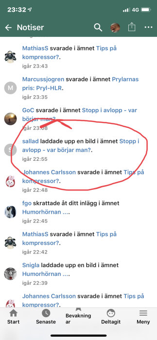 Skärmdump av en diskussionsforumnotifikation där användaren sallad laddade upp en bild i ämnet "Stopp i avlopp".