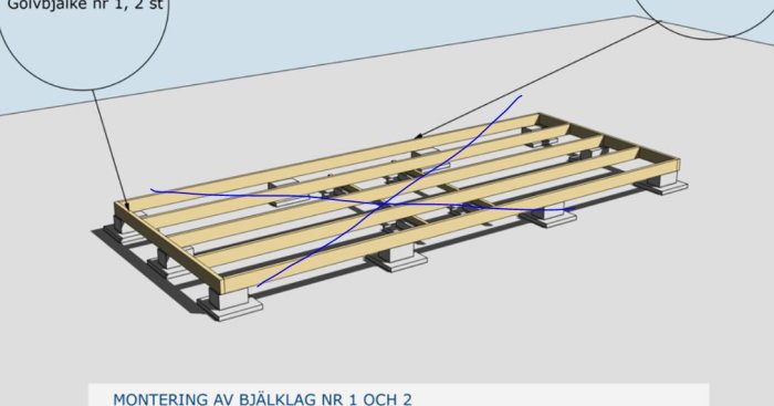 3D-rendering av ett golvbjälklag med tvärgående förstärkningsbalkar på plintar.