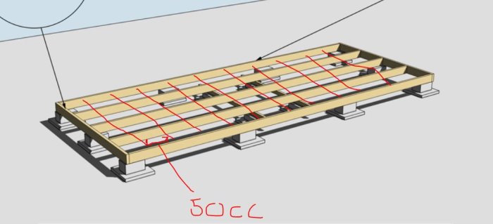 3D-modell av underkonstruktion för bod med tvärgående balkar markerade för 50 cm cc avstånd.