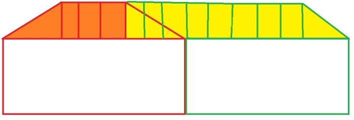 Enkel färgskiss i Paint av husutbyggnad med befintligt hus i rött, utbyggnad i grönt och råspont i orange och gult.