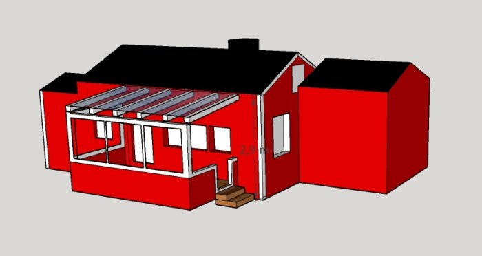 Tidig skiss av en husutbyggnad, röda väggar utan detaljer, planerad altandörr och fönster.