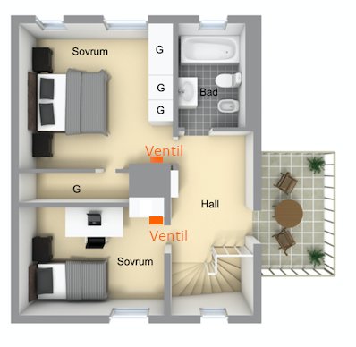 3D-ritning av ett hus med markerade ventilplatser i två rum och fläktar i kök och badrum.